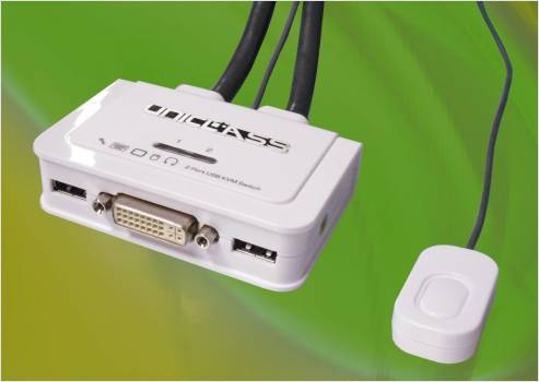 2-Port DVI + USB 2.0 + Audio KVM-Switch mit Remote-Knopf, inkl. PC-Kabel, UNICLASS UDV-TA2
