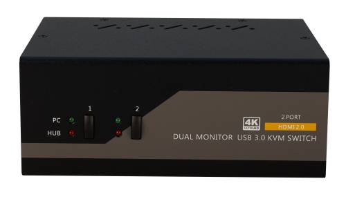 4K 60 Hz Dual-Monitor HDMI 2.0 USB 3.0 2-Port KVM-Switch mit Audio, inkl. 1,2m PC-Kabel, UNICLASS Ai-532iSK