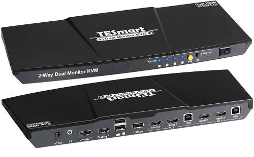 Dual Monitor 4K HDMI 2-Port KVM-Switch mit 60Hz 4:4:4 inkl. IR-Fernbedienung und Kabel, TESmart HKS202-E23 HKS0402A1U