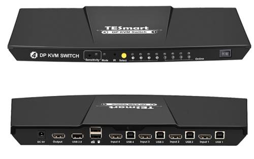 4K DP 4-Port KVM-Switch mit 60Hz 4:4:4 inkl. IR-Fernbedienung und PC-Kabel, TESmart PKS0401A10 DKS401-E23-EUBK