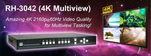4x4K-in-out Quadview seamless Switching HDMI 2.0 4-Port KVM-Switch mit Maus-Roaming, UNICLASS RH-3042