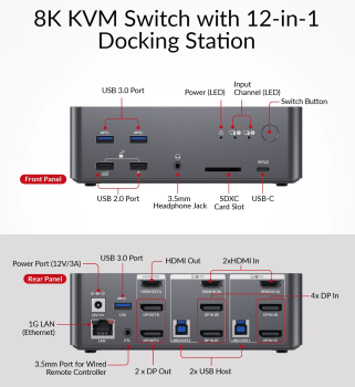 Preview: 2-Port 8K60Hz 3-Monitor 2xDP + 1xHDMI KVM-Switch with USB 3.0 and LAN, incl. PC-Cable, AV Access iDock-D23i Preview: 2-Port 8K60Hz 3-Monitor 2xDP + 1xHDMI KVM-Switch with USB 3.0 and LAN, incl. PC-Cable, AV Access iDock-D23i