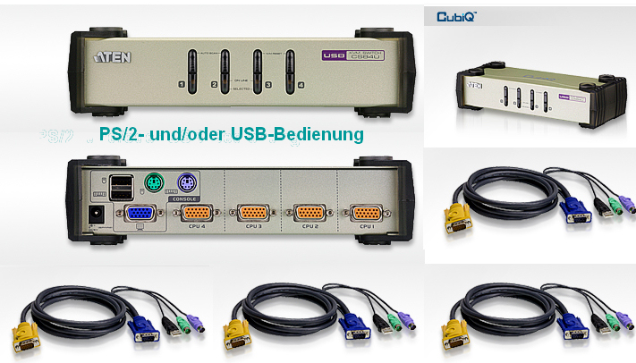 Aten CS84U 4-Port PS/2-USB VGA KVM-Switch inkl. x 1,2m und x 1,8m  Combo-Kabel • KVM-Extender, KVM-Switches, LCD-Konsolen, KVM-Produkte von  Profis