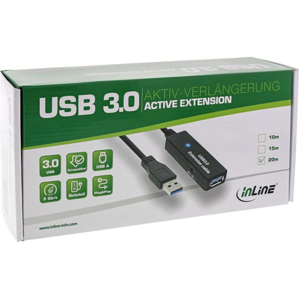 20m USB 3.0 Aktiv-Verlängerung, Stecker A an Buchse A, schwarz
