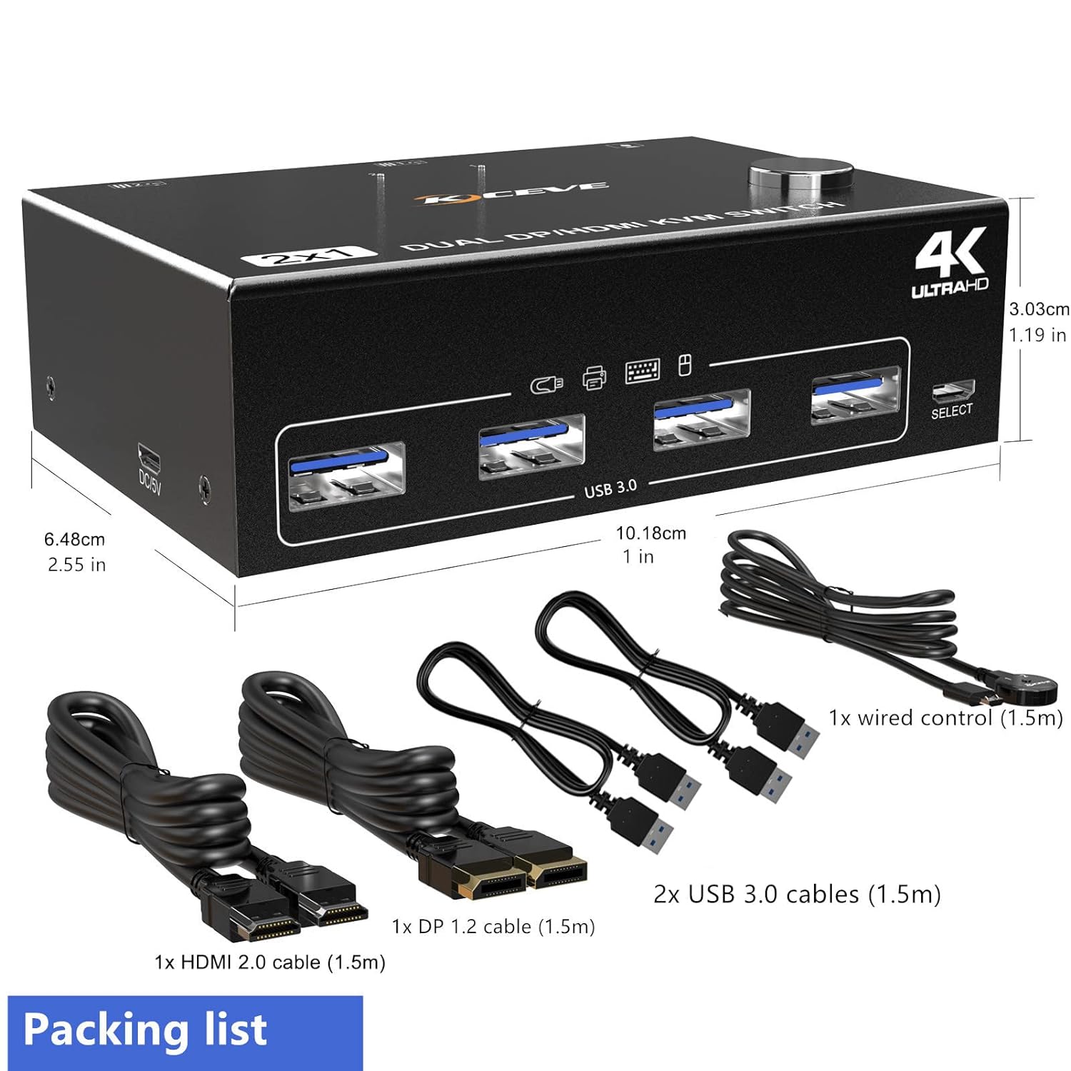 2x1 DisplayPort 4K KVM USB 3.0 Switch with Remote Control
