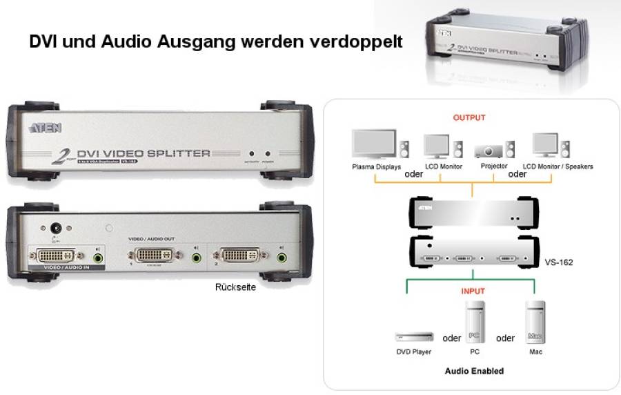 Aten VS162 2-Port DVI Video + Audio Splitter - KVM-Switch Versand